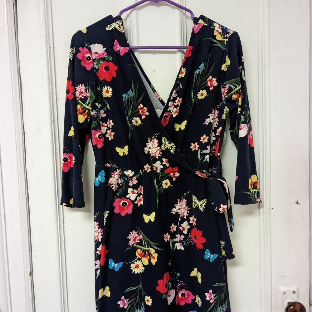 Women's s L navy dress V Neck floral